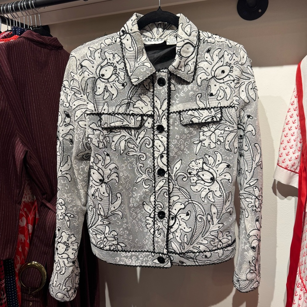 Vintage ANAGE Floral Black and White Open Knit Beaded Women's Jacket